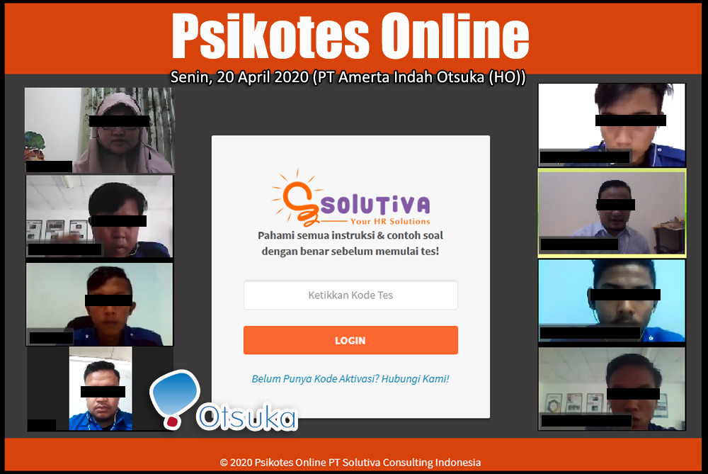 Psikotes Online untuk 6 peserta rekrutmen PT Amerta Indah Otsuka (HO)