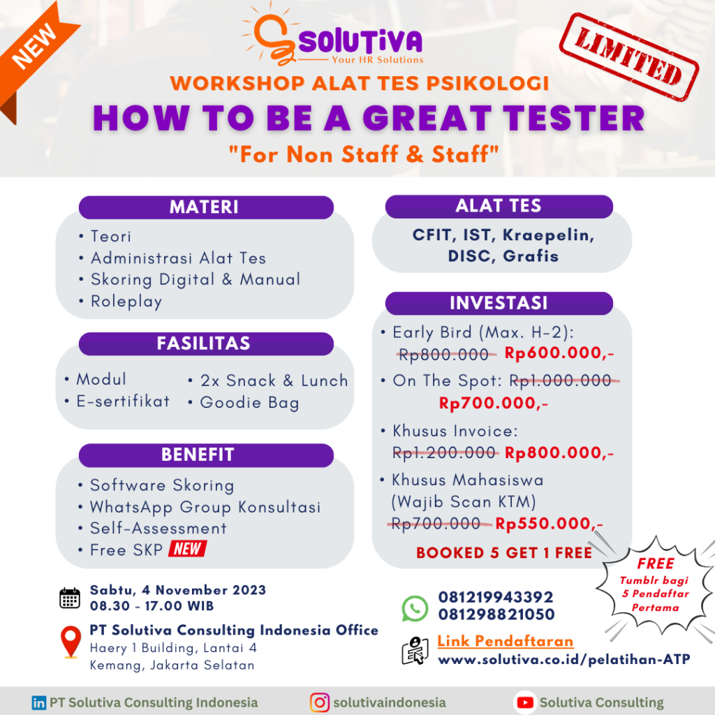 Pelatihan Alat Tes Psikologi: How to be a Great Tester (Staff & non-Staff)